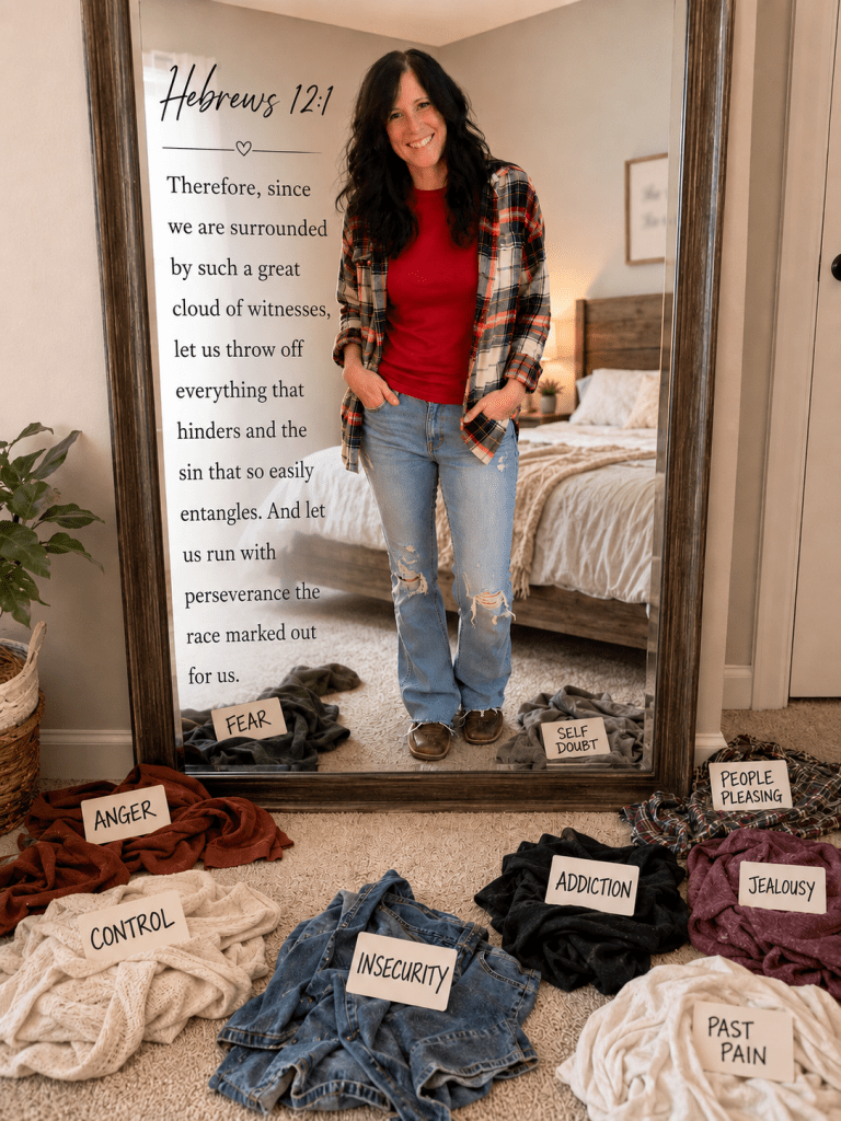 A woman stands in front of a mirror with a quote from Hebrews 12:1. She wears a red shirt and a plaid shirt, and there are various piles of clothes labeled with negative emotions like fear, anger, control, insecurity, addiction, jealousy, self-doubt, and past pain scattered on the floor.