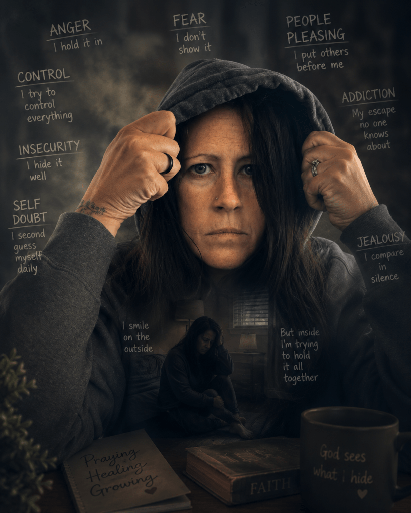 A woman with a serious expression wearing a hoodie holds it up, surrounded by words like 'anger,' 'fear,' 'insecurity,' and 'addiction' that reflect inner struggles. In the background, she is depicted sitting in a contemplative pose, emphasizing her emotional turmoil.
